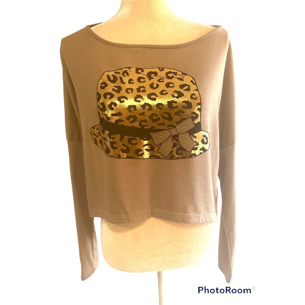 Animal Print Hat Crop Top Beige  Sweater, Womens Medium